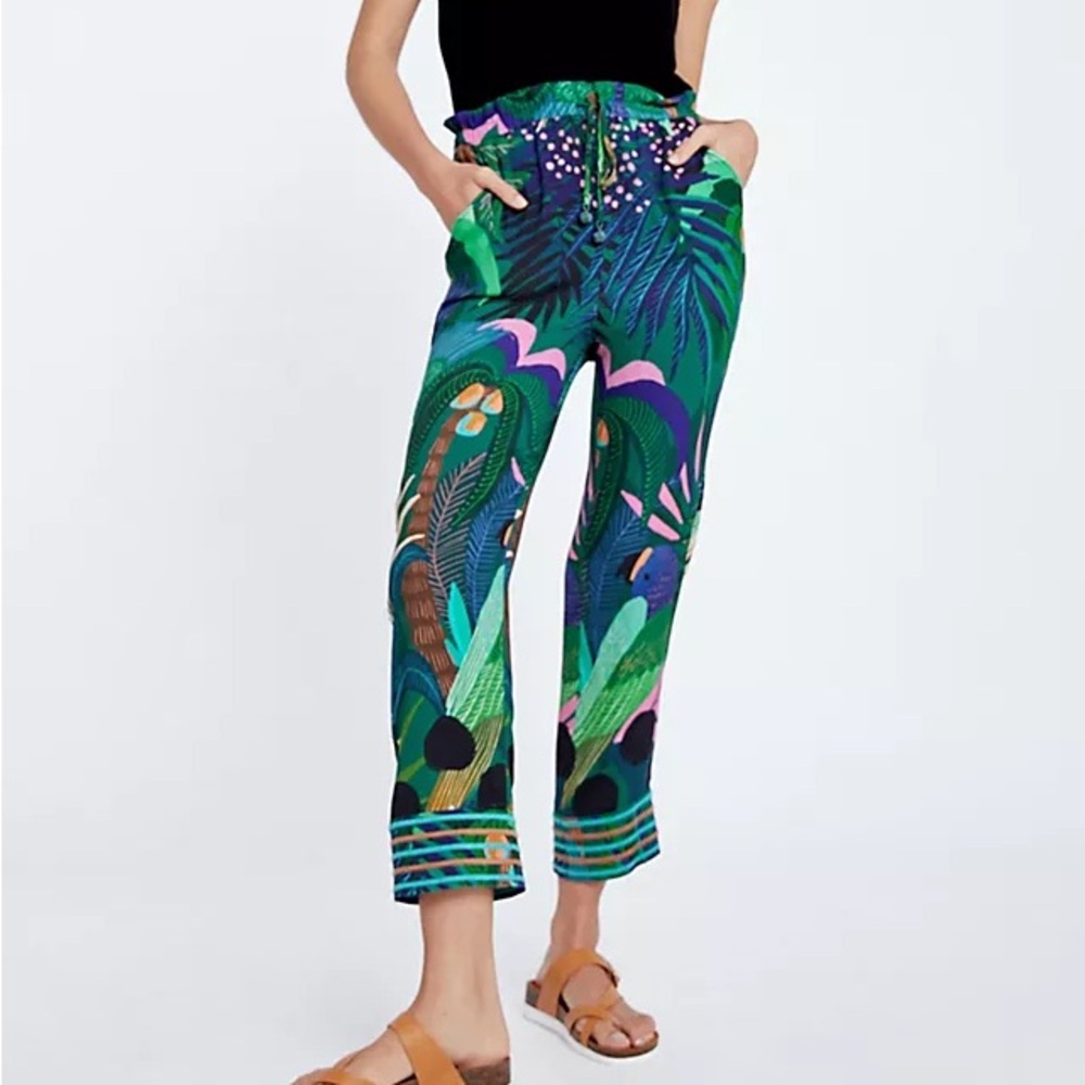 FARM Rio Green Tropical Wide-Leg Pants with Pink & Blue Accents